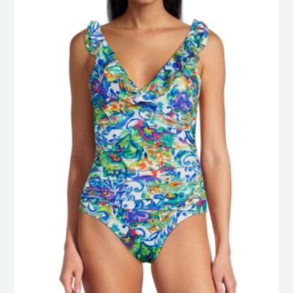 Lauren Ralph Lauren One Piece Swimsuit Floral Paisley Ruffle Trim Surplice New